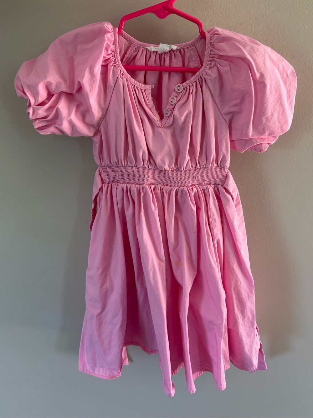 Girls' Pink Puff Sleeve Cotton Dress with Smocked Waist
